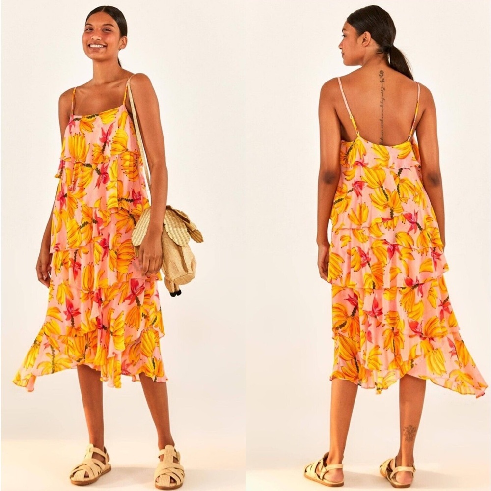 FARM Rio Pink Floral Tiered Midi Dress with Yellow and Orange Leaves